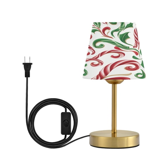 Cone Desk Lamp Antique Bronze Base & Linen Shade Bedside Table Lamp for Bedroom Living Room, Office, Dorm Red and Green Candy-cane Small