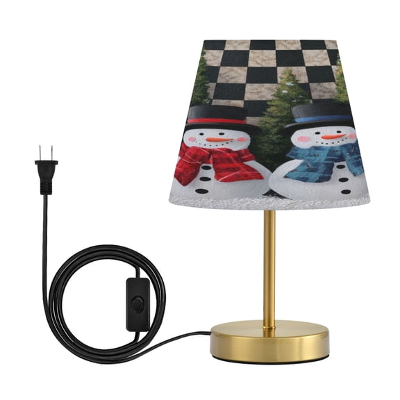 Cone Desk Lamp Antique Bronze Base & Linen Shade Bedside Table Lamp for Bedroom Living Room, Office, Dorm Two Snowmen Pattern Medium