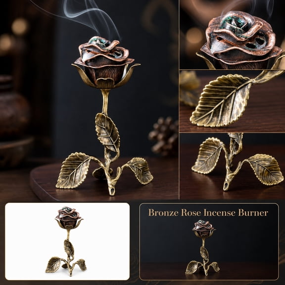 Cone Incense Burner, Valentines Home Decor, Girlfriend Valentines Day Gift, Anniversary Decorations, Rose Shaped Standing Incense Display 6X4.5X3 Inch, Durable Metal Construction