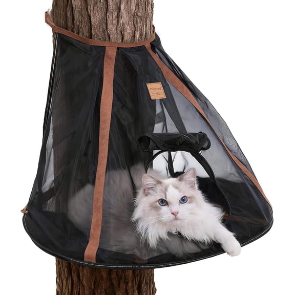 Cone-Shaped Cat Hammock for Outdoors,Breathable Mesh with Roll-Up Door,Portable Foldable Hanging Cat Bed for Tree, Fits Trees Over 18.9''/48cm