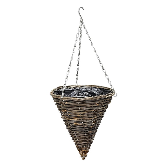 Cone Shaped Hanging Baskets, 1Pc Rattan Hanging Planter Basket, Cone Hanging Haskets for Plants Outdoor with Chain Hook Conical Rattan Vertical Planter Basket with Plastic Film Liner,Black