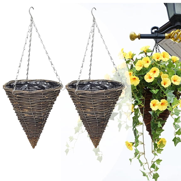 Cone Shaped Hanging Baskets,2Pcs Rattan Hanging Planter Baskets,Cone Hanging Haskets for Plants Outdoor with Chain Hook Conical Rattan Vertical Planter Basket with Plastic Film Liner