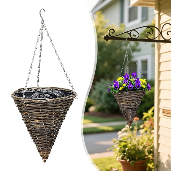 Cone Shaped Hanging Baskets, Rattan Hanging Planter Baskets,Cone Hanging Haskets for Plants Outdoor with ChAIn Hook Conical Rattan Vertical Planter Basket with Plastic Film Liner