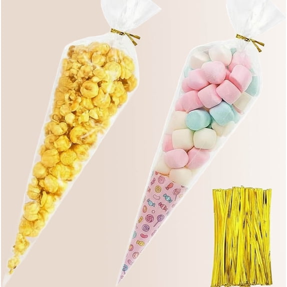 Cone Shaped Treat Bags with Gold Twist Ties, for Candy, Popcorn, Cookies, Party Favors, Weddings, Holidays, Gift Wrapping – Premium OPP Material