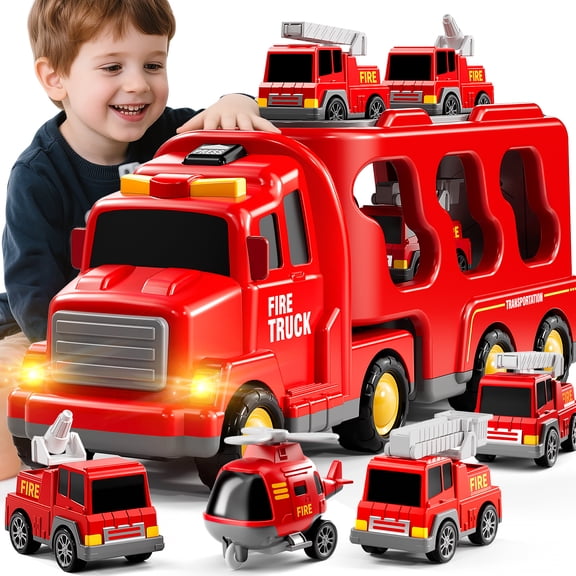ConeWhale 5-in-1 Fire Truck for Kids 3-5, Carrier Transport Play Vehicle, Friction Powered Trucks for Kids Ages 4-8, Birthdays Gifts for Boys Girls