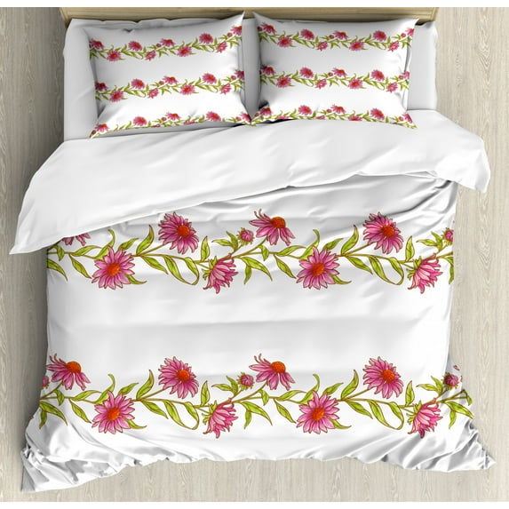 Coneflower Duvet Cover Set King Size, Horizontally Arranged Floral Details Botanical Strips Ornamental Nature, Decorative 3 Piece Bedding Set with 2 Pillow Shams, Pink Green White, by Ambesonne