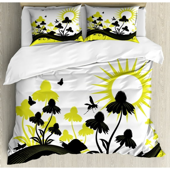 Coneflower Duvet Cover Set, Nature Themed Layout of Blossoms with Flying Insects Botany Art, Decorative 3 Piece Bedding Set with 2 Pillow Shams, King Size, Dark Grey and Yellow Green, by Ambesonne