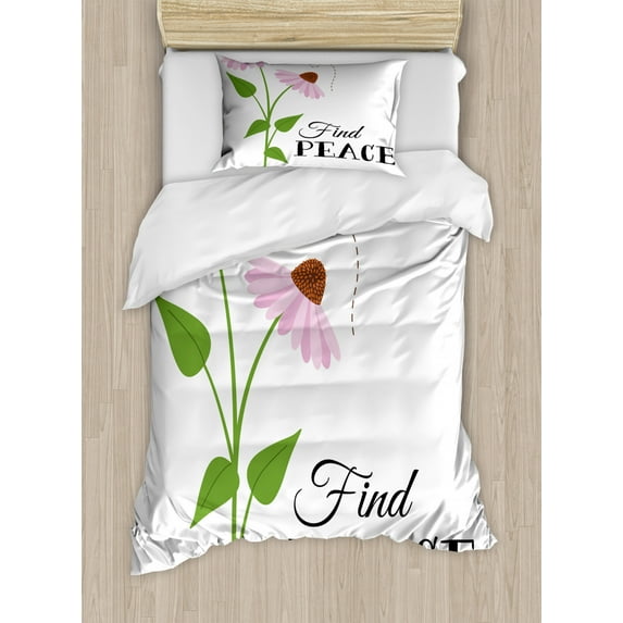 Coneflower Duvet Cover Set Twin Size, Pattern of Find Peace Typography with Burgeoning Flowers and a Fly Garden Art, Decorative 2 Piece Bedding Set with 1 Pillow Sham, Multicolor, by Ambesonne