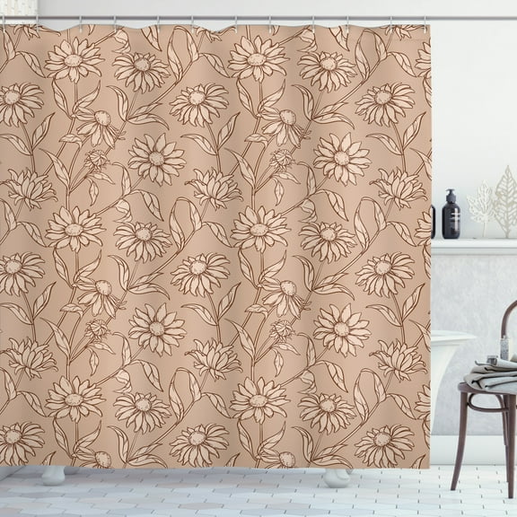 Coneflower Shower Curtain, Outline Drawings of Flower Silhouettes Repeated in Earthy Colors, Fabric Bathroom Set with Hooks, 69W X 75L Inches Long, Dark Rosewood and Tan, by Ambesonne