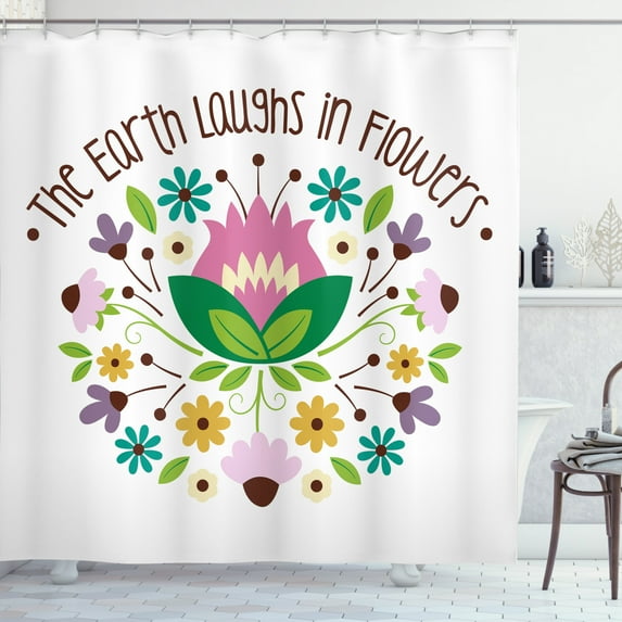 Coneflower Shower Curtain, The Earth Laughs in Flowers Typography with Graphical Ornamental Flowers, Fabric Bathroom Set with Hooks, 69W X 70L Inches, Multicolor, by Ambesonne
