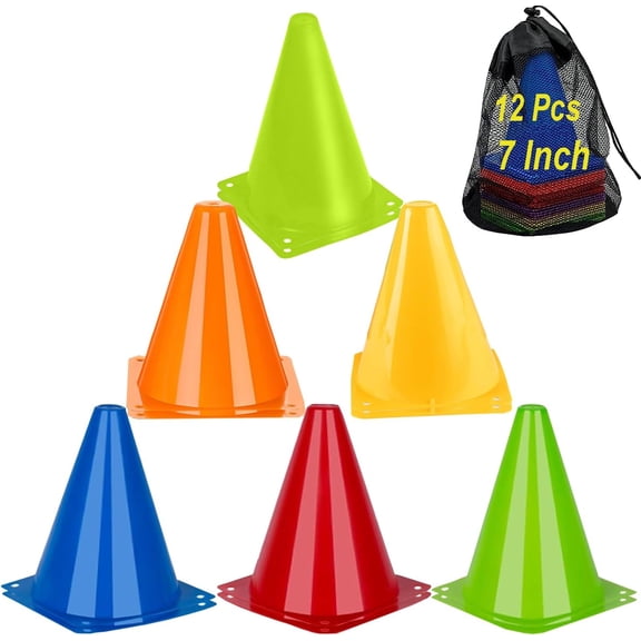Cones Sports Training Agility Field Marker Cone, 12 Pack 7 Inch Training Cones Set with Mesh Bag, Colorful Cones for Soccer, Skating, Basketball, Baseball Drills, Outdoor & Indoor Activity