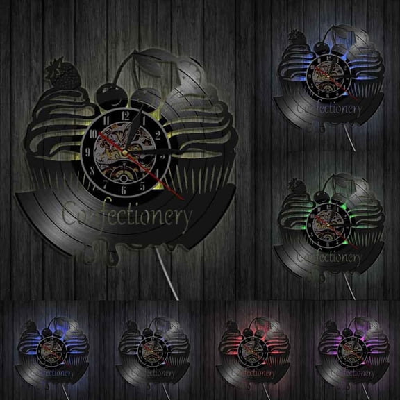 Confectionery Business Wall Sign Modern Wall Clock Sweets Cupcake Vinyl Record Wall Clock Bakery Cherry Cake Decorative Clock