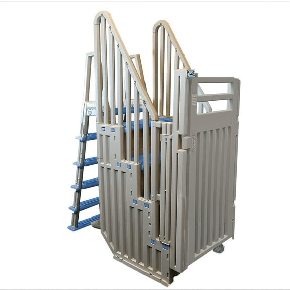 Confer SIG-X Pool Ladder Gate System for Above Ground Pools, Warm Grey with Blue Steps
