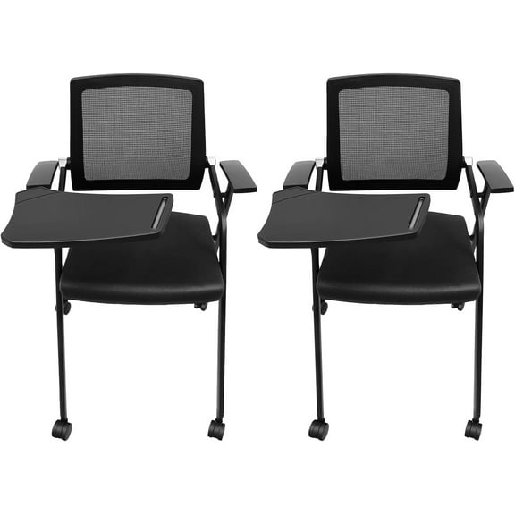Conference Room Chair, 2Pcs Ergonomic Foldable Reception Chair High Load Bearing Armchair Portable Bouncing Back Office Chairs with Tabletop&Casters for Conference Halls Schools Step Classrooms