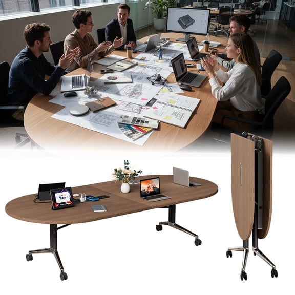 Conference Room Table with Wheels Power Outlets Grommets 7.8FT Walnut, Large Folding Meeting Table for Office