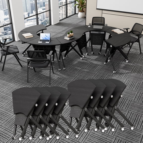 Conference Room Tables, Folding Conference Table with Wheels, Fan-shaped Combinable Modular Training Tables, Foldable Flip Top Mobile Rolling Table for Office Meeting