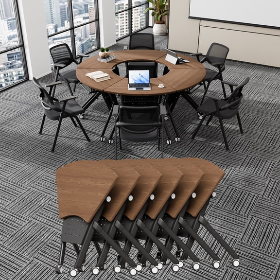 Conference Room Tables, Folding Conference Table with Wheels, Fan-shaped Combinable Modular Training Tables, Foldable Flip Top Mobile Rolling Table for Office Meeting