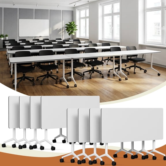 Conference Room Table Folding with Wheels Nesting Heavy Duty 70.9"L×23.6"W for Office Classroom White2, 8PCS