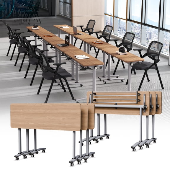 Conference Table, 6PC Folding Flip Top Conference Room Tables, Mobile Office Meeting Desk with Wheels, Modern Space-Saving Seminar Table for Classroom, Office,Training Room