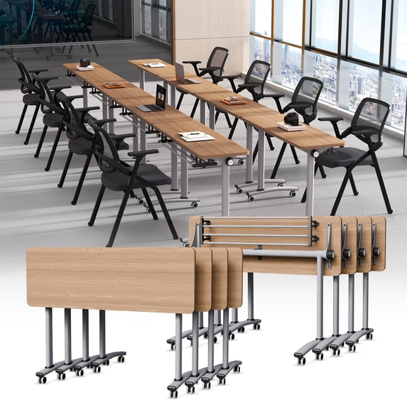 Conference Table, 8PC Folding Flip Top Conference Room Tables, Mobile Office Meeting Desk with Wheels, Modern Space-Saving Seminar Table for Classroom, Office,Training Room