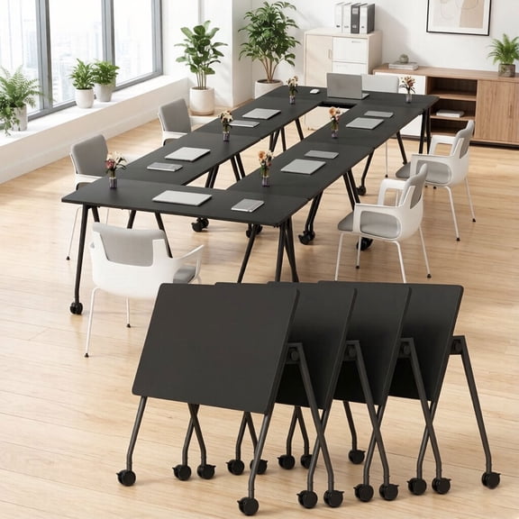 Lrxmastery Modern Conference Room Table with Wheels, Flip Top Training Table/Meeting Desk for 10 People for Office Conference,55.1in