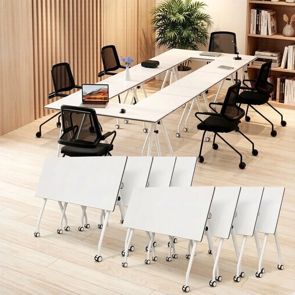 Conference Table, Conference Room Table with Wheels, Flip Top Training Tables Meeting Table for 10 People for Office Conference