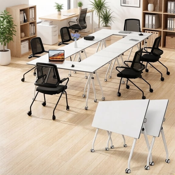 Conference Table, Conference Room Table with Wheels, Flip Top Training Tables Meeting Table for 10 People for Office Conference