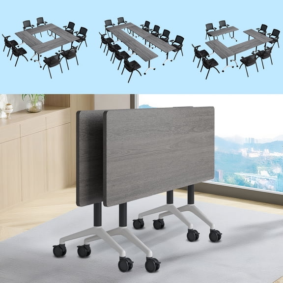 Folding Conference Room Tables for 6-12 Person, Modern Mobile Foldable Training Table with Silent Wheels for Office (Gray 47.2in 2)