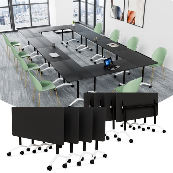 Conference Table with Wheels 61in,Heavy-Duty Foldable Mobile Training Table for Office, Classroom & Meeting Room - Space-Saving Multipurpose Folding Seminar Table (Black 2P)