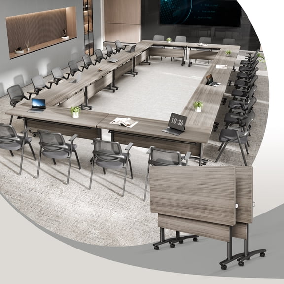 Foldable Conference Table with Wheels Set of 2, 47.2" Folding Conference Room Meeting Training Tables for Office Classroom Elm
