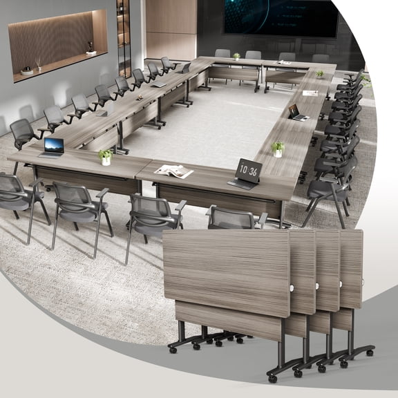 Conference Room Table with Wheels Set of 4, 55.1" Folding Conference Meeting Training Tables for Office Classroom Elm