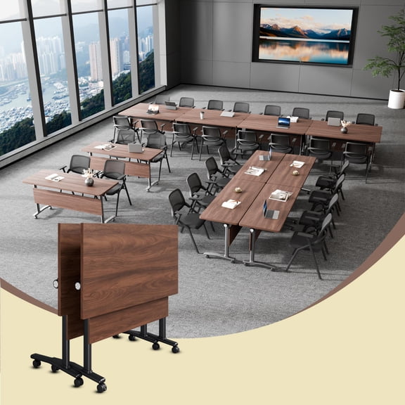 Conference Tables,Flip Top Folding Conference Table with Lockable Rolling Wheels, Modular Mobile Training Table for 2–30 People,for Office Classroom Boardroom Events(2, Walnut, 55.1 in)