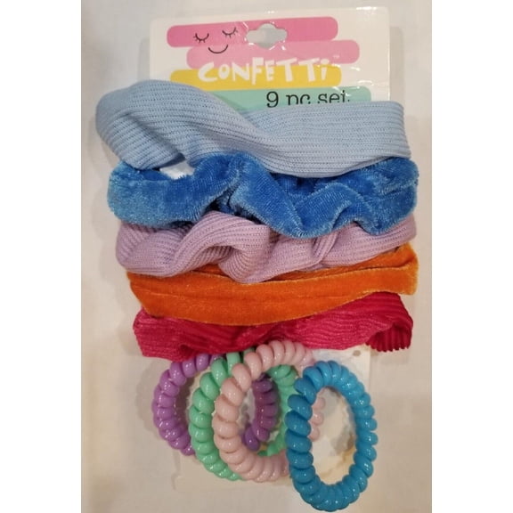 Confetti 9 Piece Hair Set- 5 Pastel Scrunchies and 4 Coil Hair Tie, Gift,CF85738