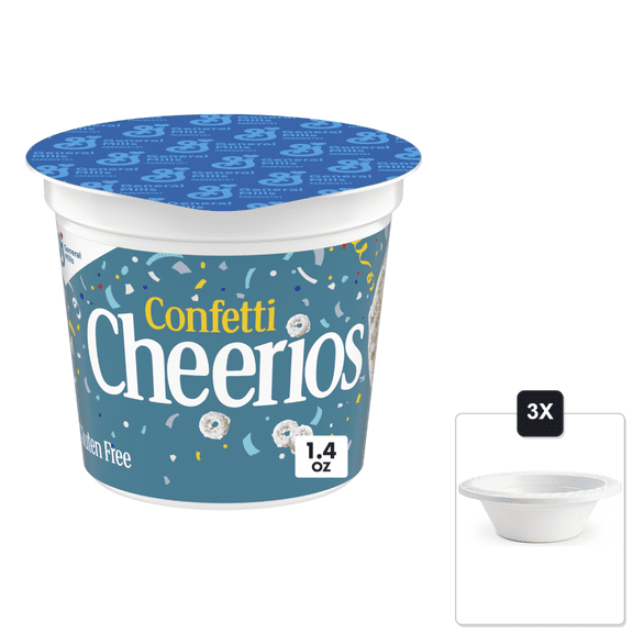 Confetti Cheerios Breakfast Cereal Cup, Single Serve Cereal, 1.4 oz & 3x 12oz Disposable Plastic Bowl