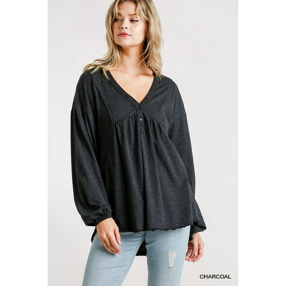 Confetti Detailed Long Puff Sleeve Babydoll Top With Button Front And Raw Hem