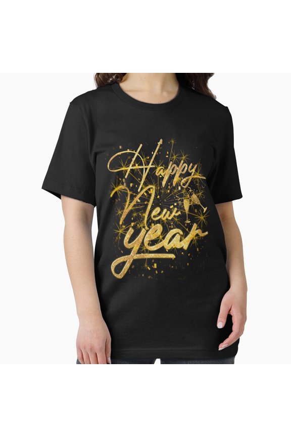 Confetti Fireworks Gold New Year Celebration Typography Unisex T Shirt, up to size 5XL