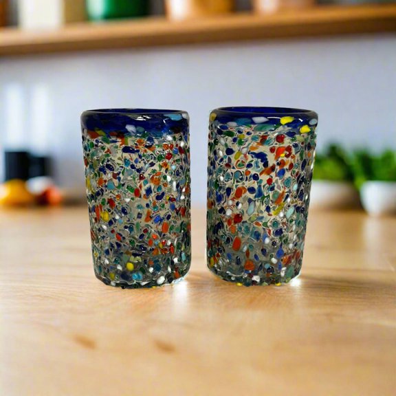 Confetti Pebbled Glass | Blue Rim Hand-Blown Mexican Tumbler (Setof20)