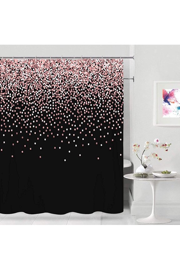 Confetti Pink Gold Glitter Scatter Top Gradient with On Black Falling Abstract Bathroom Fabric Shower Curtains,72x72 inch