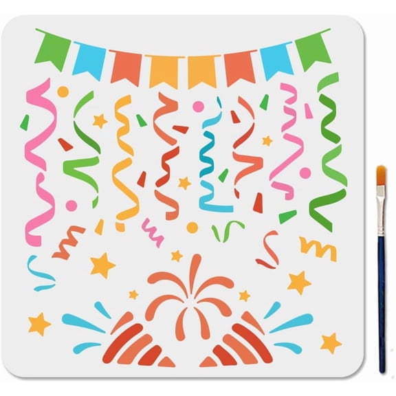 Confetti Ribbons Stencil 11.811.8inch Reusable Banner Fireworks Stencils for Painting Party Celebration Art Craft Templates with Paint Brush for Window Wood Wall Home Gift Decoration Colorful