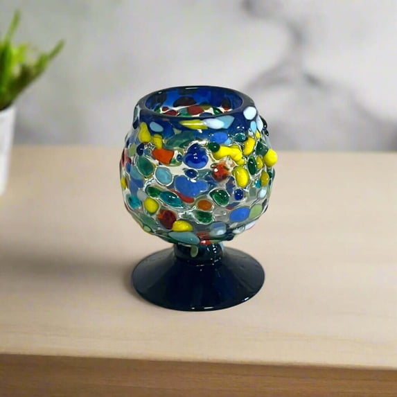 Confetti Rock Shot Glass | Blue Rim Cognac Style (1Piece)