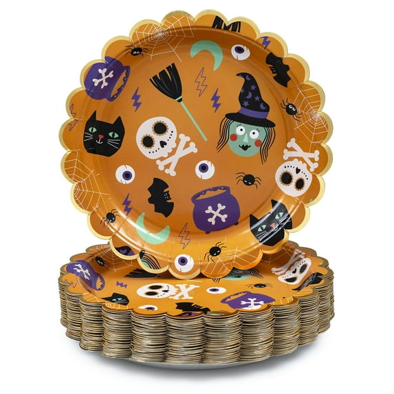 Confettiville Halloween Paper Plates, 50-Count Disposable AFN1Halloween Dinner Plates, Scalloped, Party Supplies, Witches, Skeletons, Cats, Bats, Orange