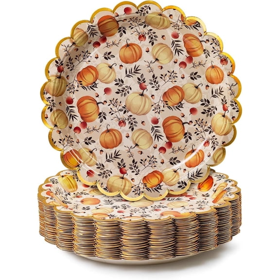 Confettiville Thanksgiving Paper Plates, 50-Count Fall-Themed Decorative Disposable Serving Plates, Cream, Gold Foil Scalloped Edge, 9 Inches