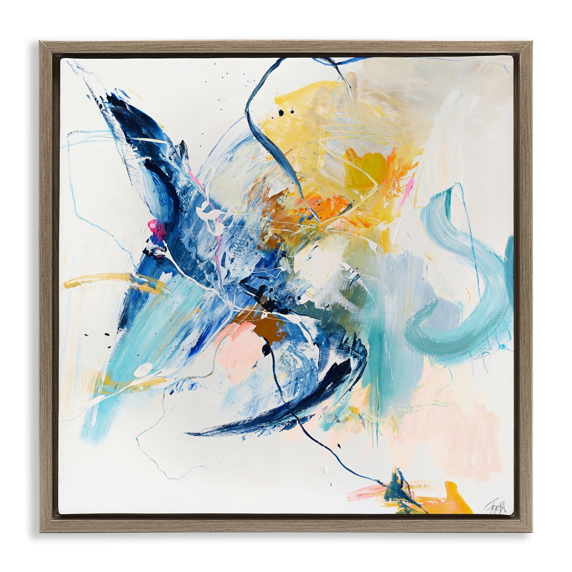 Confident Blue Abstraction Brown Framed Floater Canvas Wall Art, design by Design Fabrikken