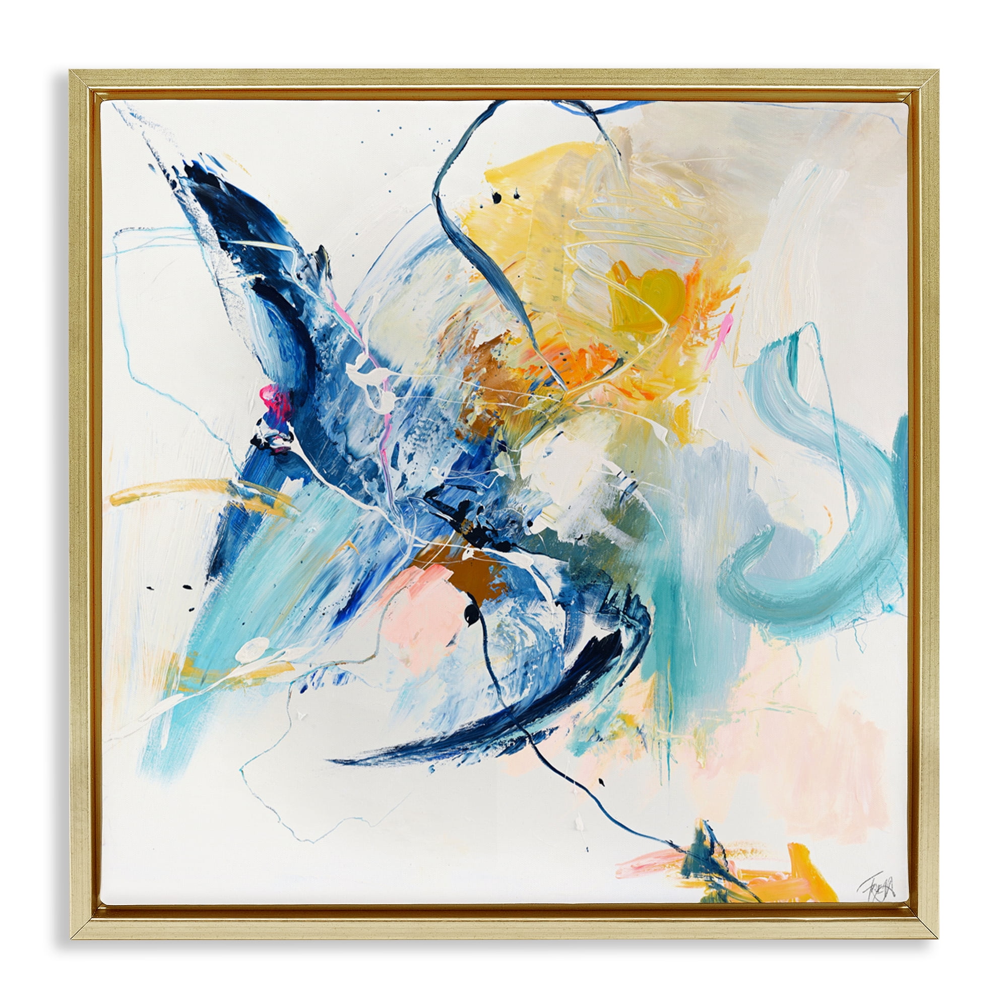 Confident Blue Abstraction Gold Framed Floater Canvas Wall Art, design by Design Fabrikken