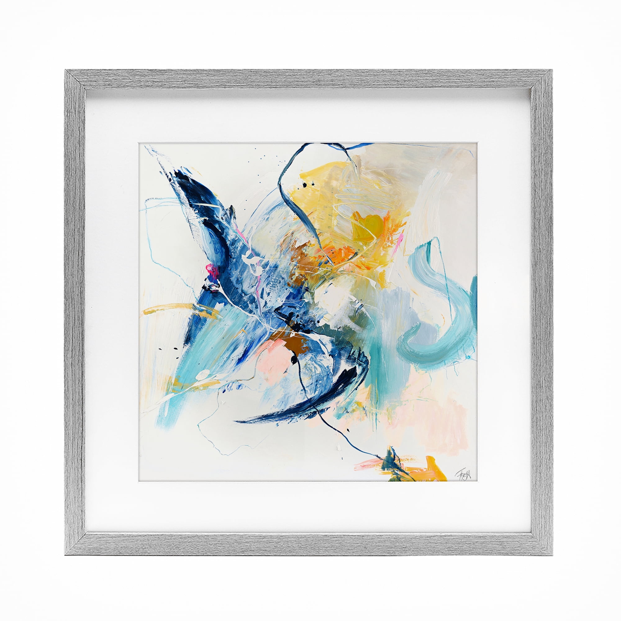 Confident Blue Abstraction Gray Framed Print Under Glass, design by Design Fabrikken