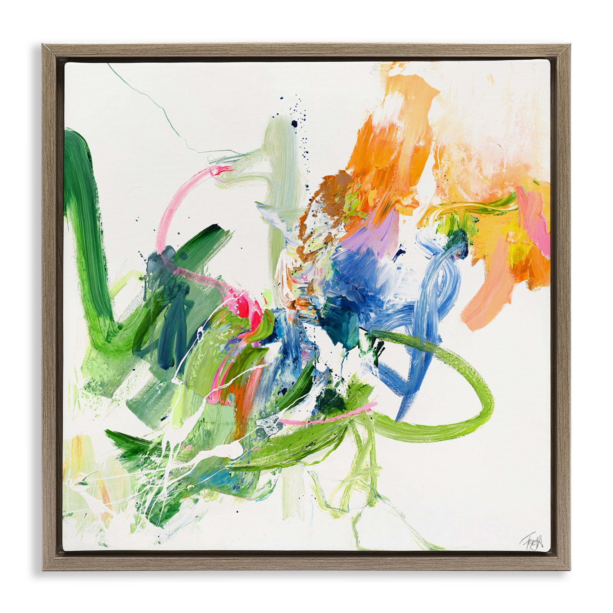 Confident Green Abstraction Brown Framed Floater Canvas Wall Art, design by Design Fabrikken