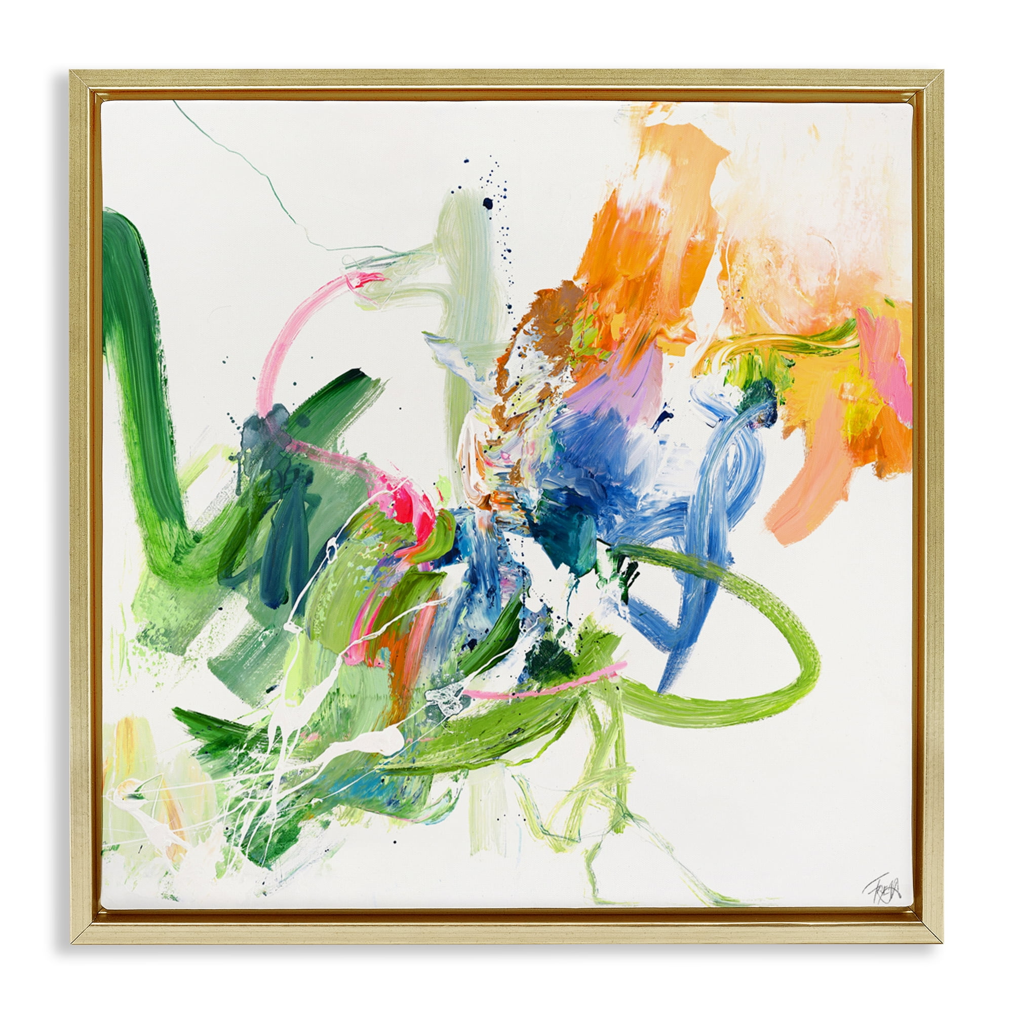 Confident Green Abstraction Gold Framed Floater Canvas Wall Art, design by Design Fabrikken