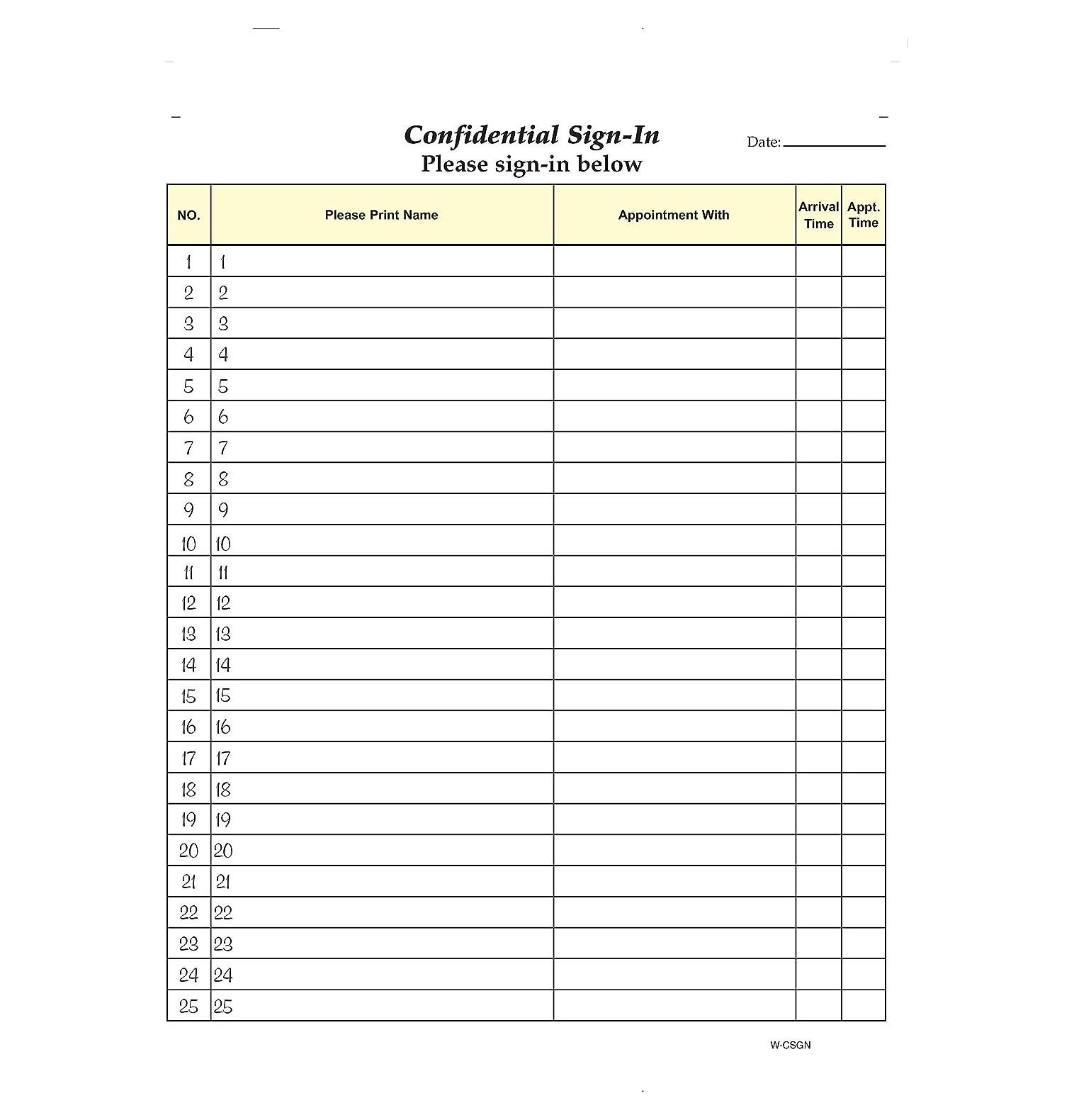 Confidential Signin Sheets, 81/2" X 11" (WHITE) Carbonless Form (Lot