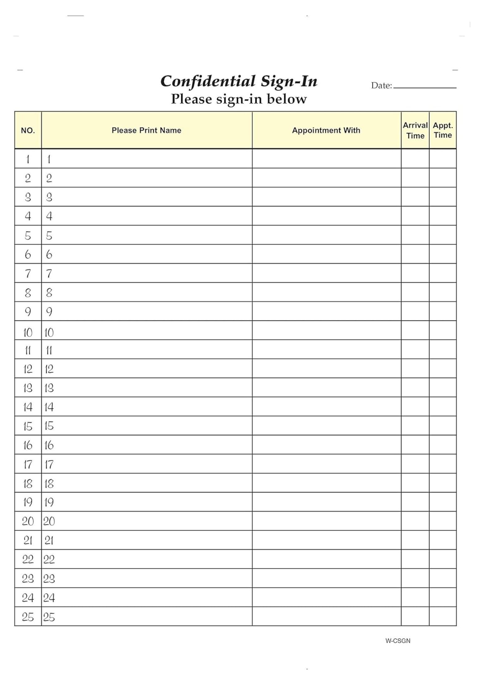 Confidential Signin Sheets, 81/2" X 11" (WHITE) Carbonless Form (Lot