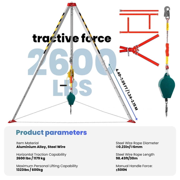 Confined Space Tripod Kit, Aluminum Rescue Tripod with 98.43 ft/30m Steel Cable Winch, Fall Arrester & Safety Harness, 2600 LBS Capacity, Adjustable Legs for Well, Sewer, Tunnel Work